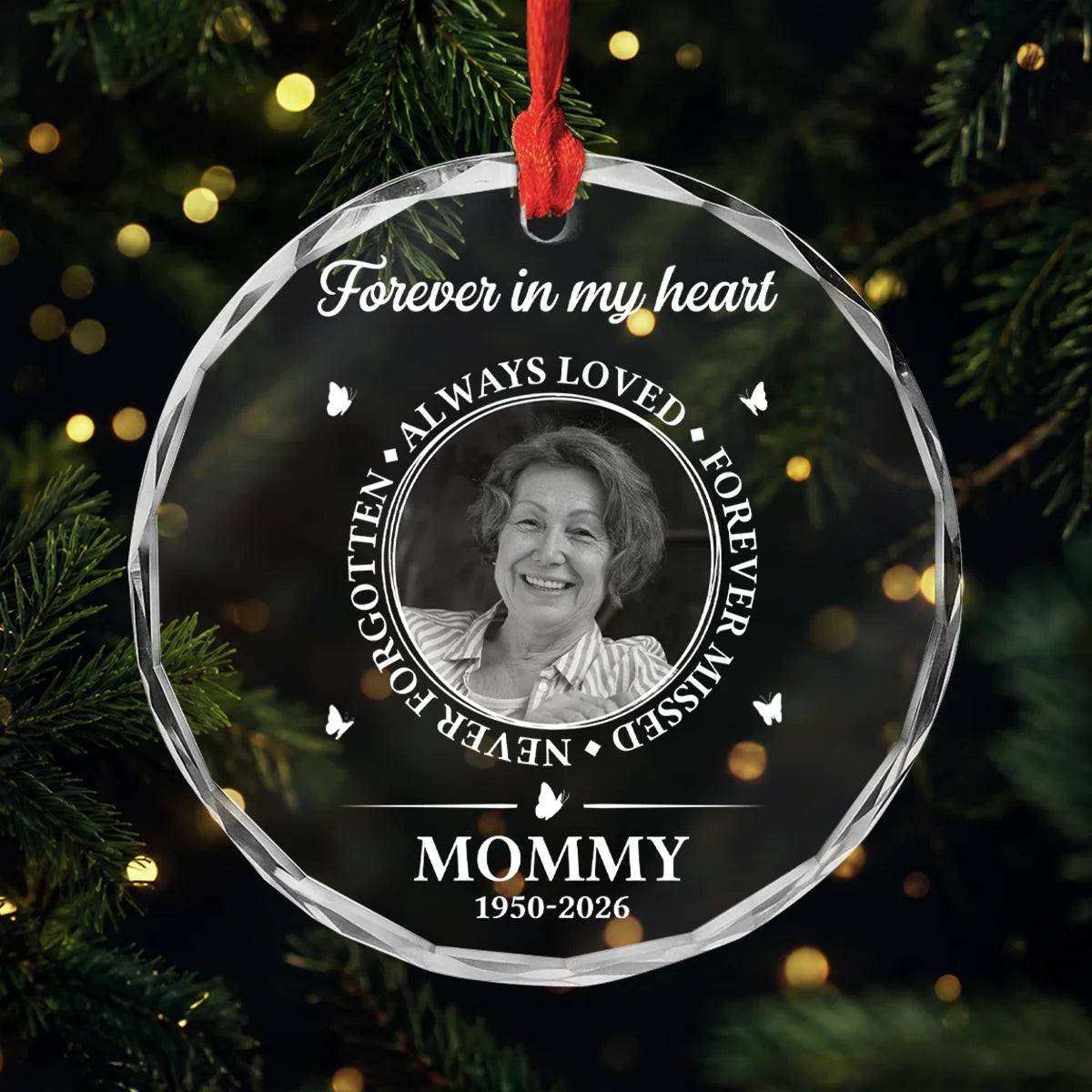 "Always Loved Forever Missed" Custom Photo Glass Ornament - Memorial Keepsake Gift for Mom Dad