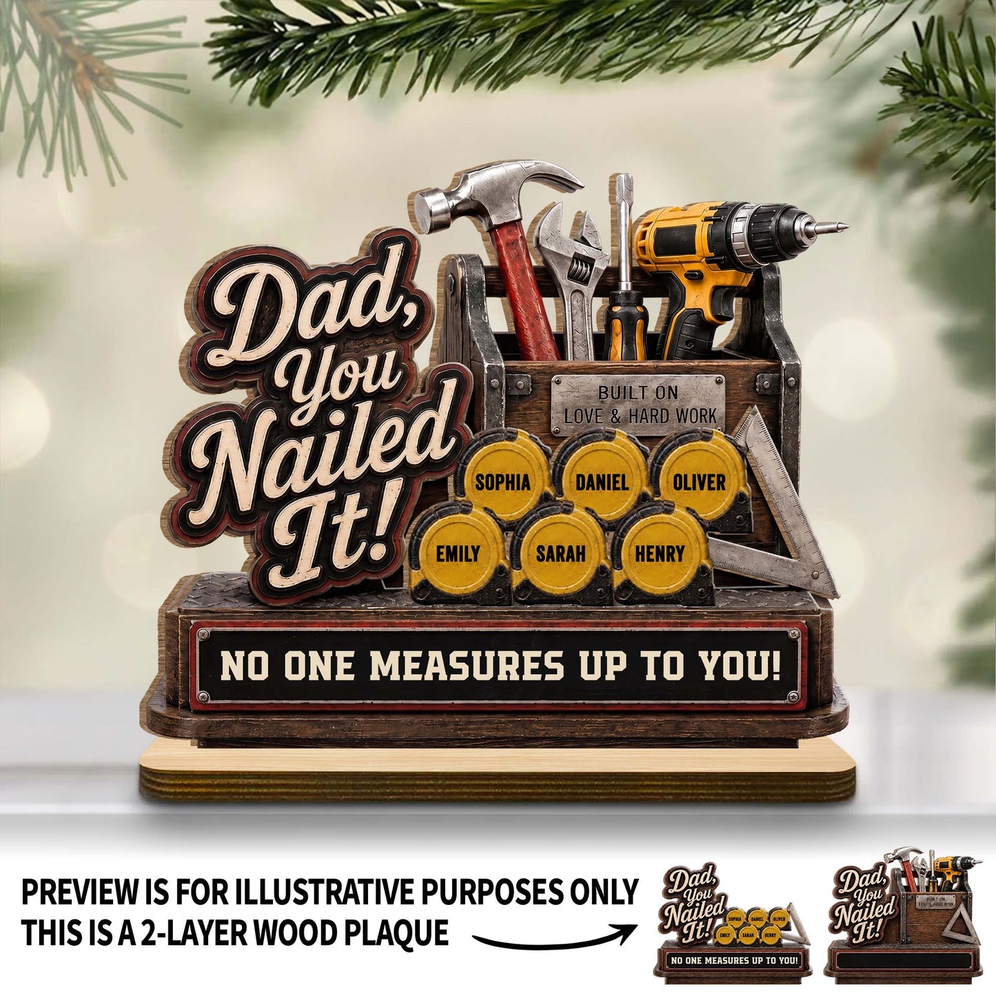 Personalized dad wooden plaque with toolbox design and custom kids names on tape measures image 7