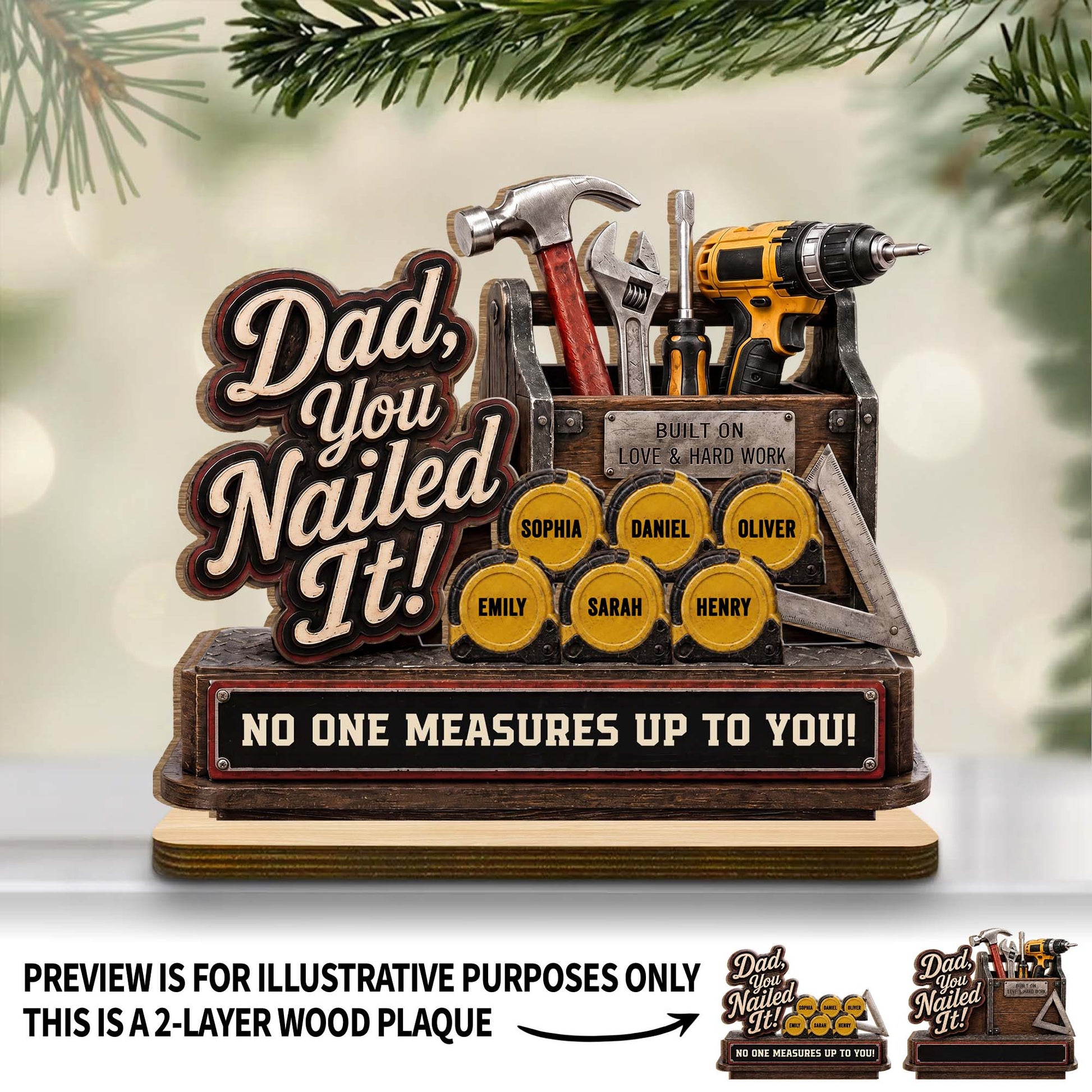 Personalized dad wooden plaque with toolbox design and custom kids names on tape measures image 7