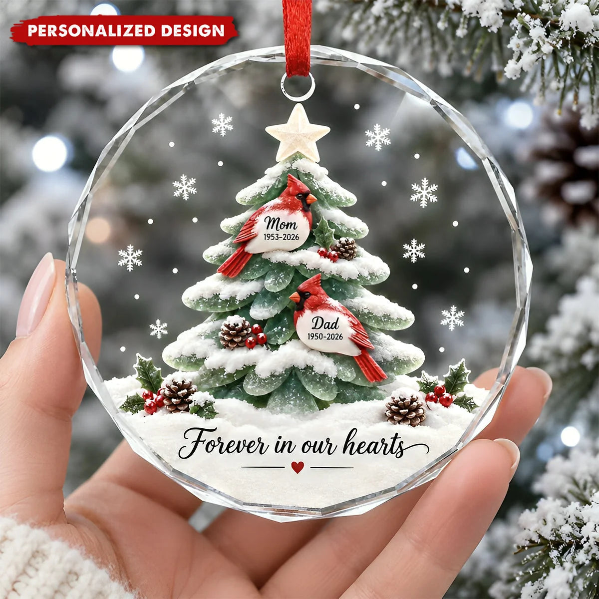 Forever in Our Hearts – Personalized Cardinal Glass Ornament for Family, Memorial Gift
