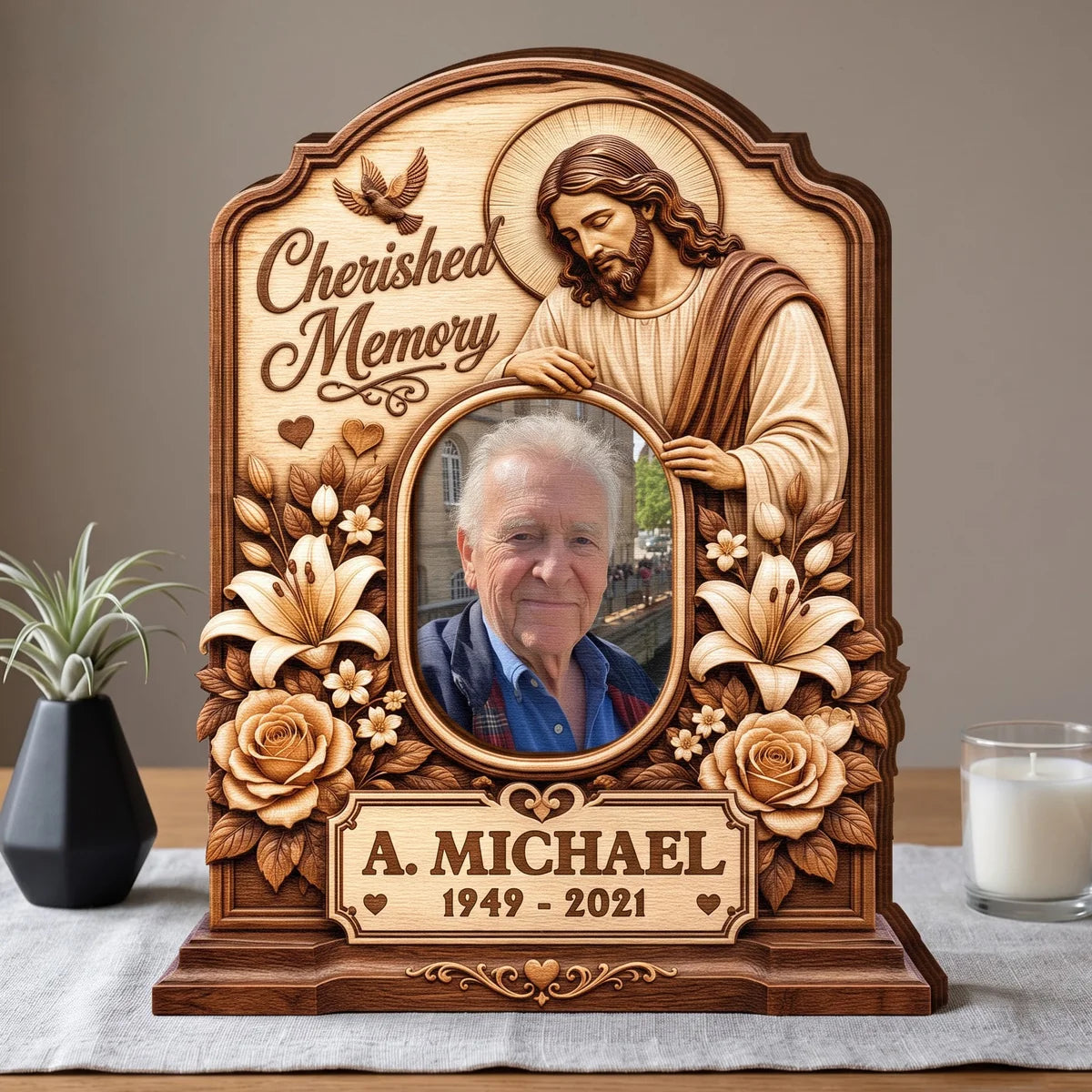 Cherished Memory Personalized Jesus Memorial Wooden Block - Custom Photo Remembrance Tribute Gift for Family
