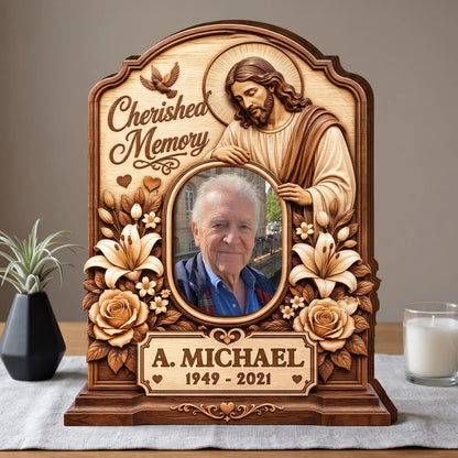 Cherished Memory Personalized Jesus Memorial Wooden Block - Custom Photo Remembrance Tribute Gift for Family
