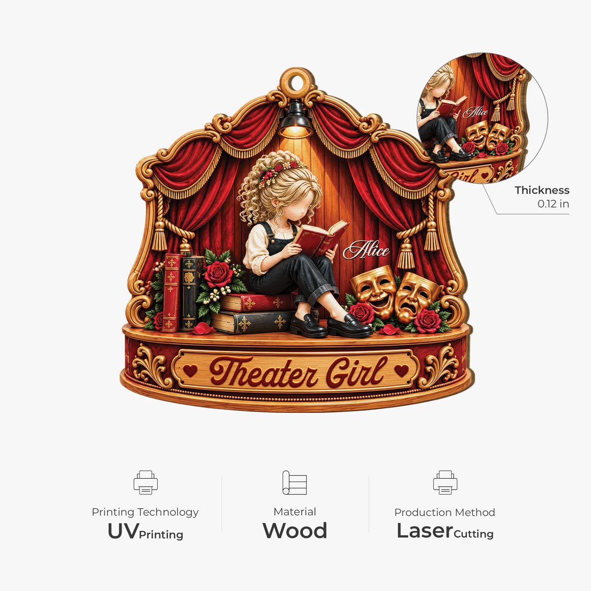 Theater Girl Personalized Wooden Ornament - Custom Name Keepsake Gift for Drama Lovers