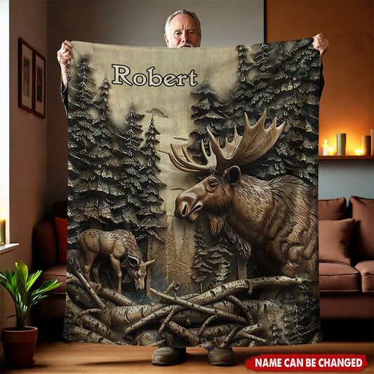 Personalized Hunting Blanket with Name - Custom Outdoor Moose Print Gift for Hunters