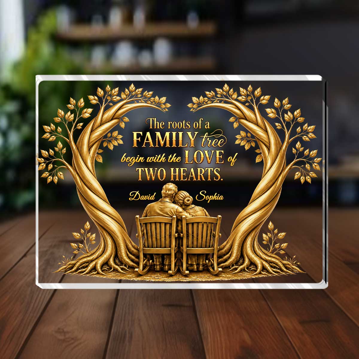 Personalized family tree acrylic plaque printed with custom couple names David and Sophia as an anniversary gift for couples