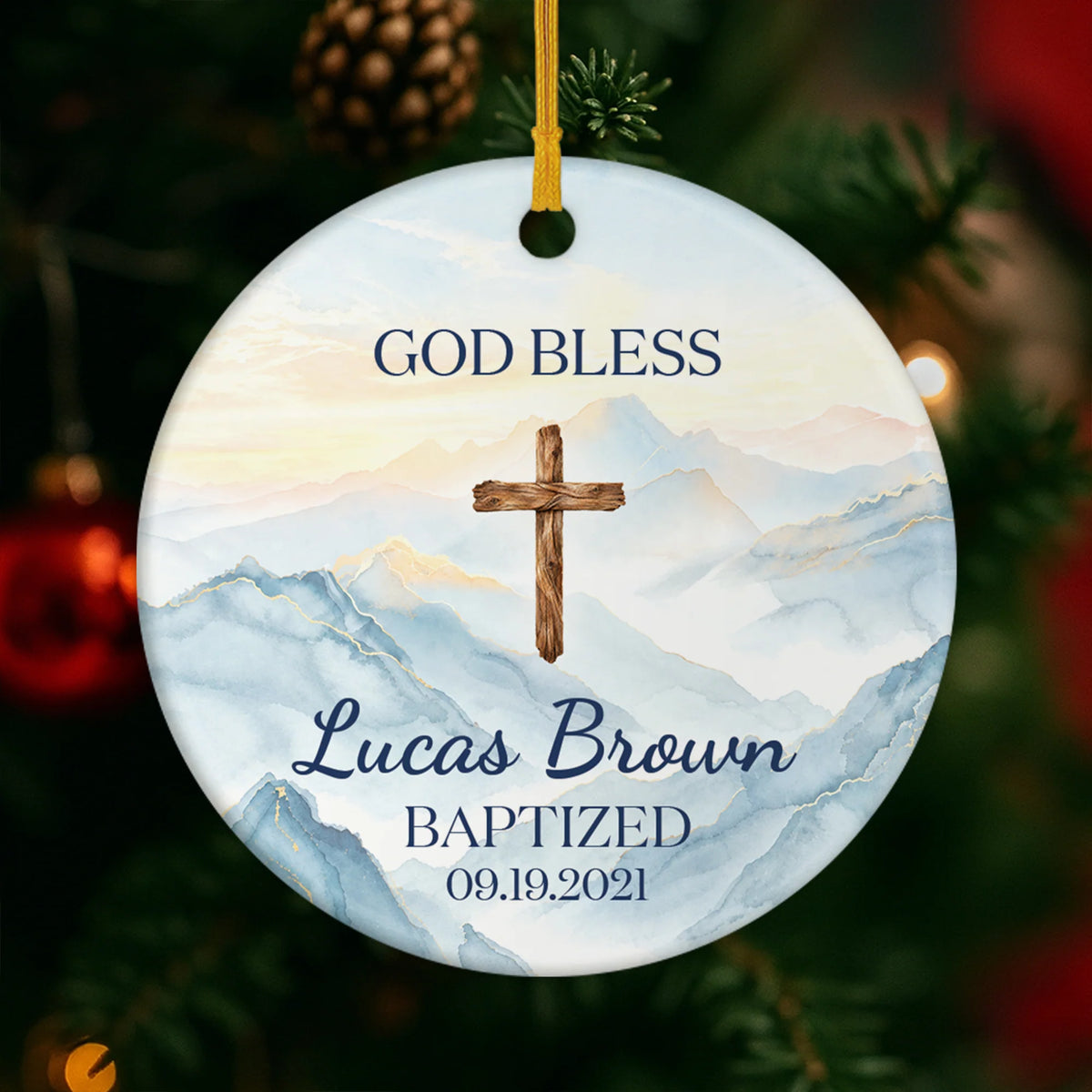 "God Bless" Cross Personalized Ceramic Ornament - Christening Keepsake for Kids