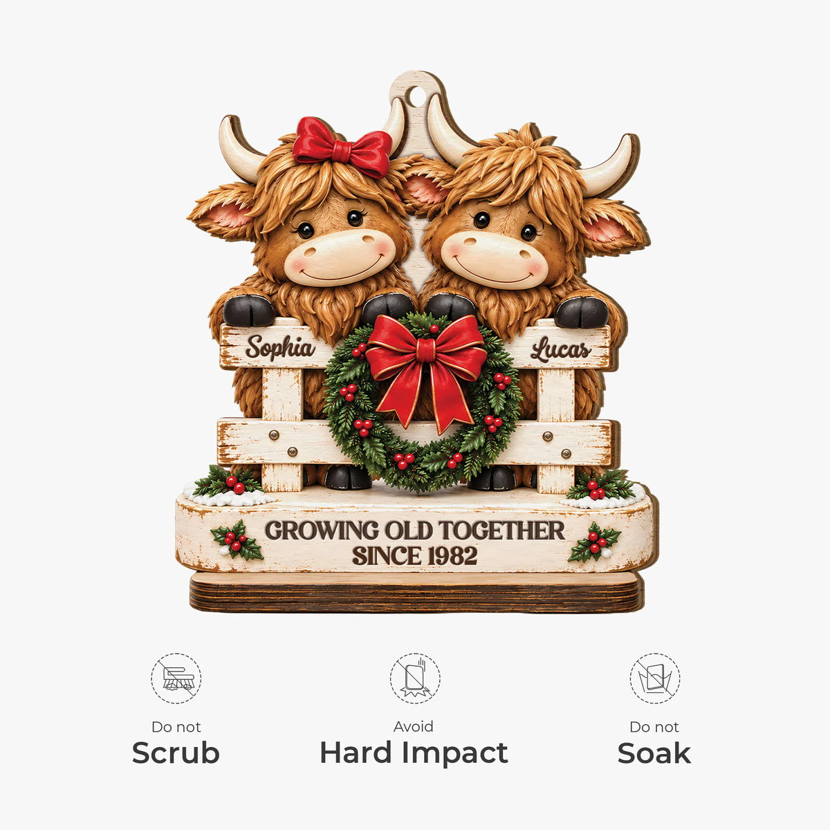 Growing Old Together Highland Cow Couple Wooden Ornament - Personalized Christmas Keepsake Gift for Couples