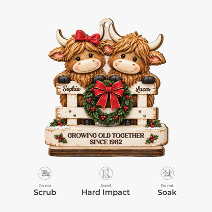 Growing Old Together Highland Cow Couple Wooden Ornament - Personalized Christmas Keepsake Gift for Couples