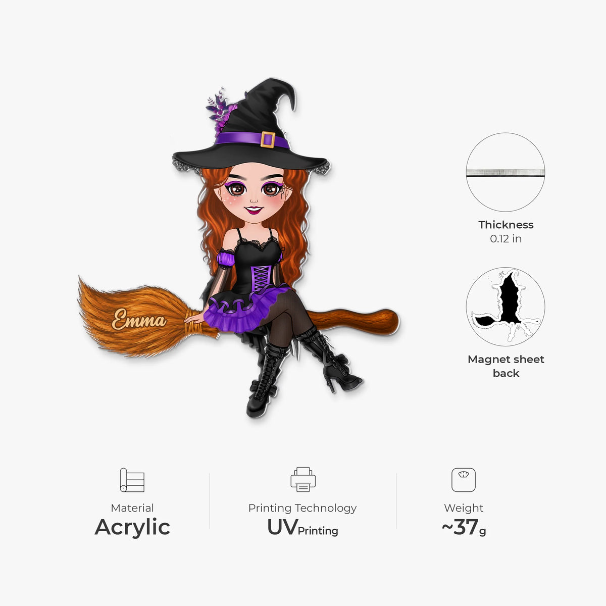 Custom Halloween Witch Acrylic Magnet - Personalized Cute Chibi Witch Name Fridge Magnet