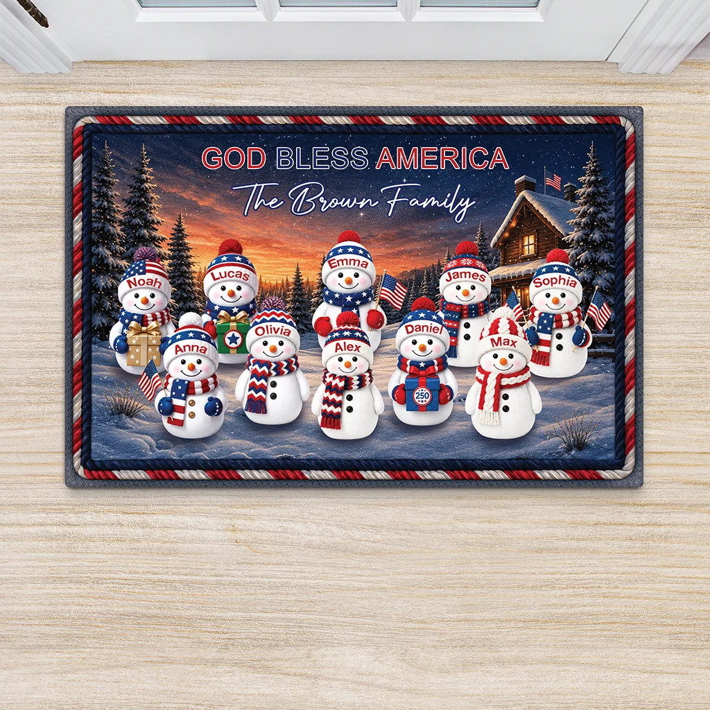 "250 Years of Freedom" Personalized Family Snowman Doormat - Custom Patriotic Winter Welcome Mat