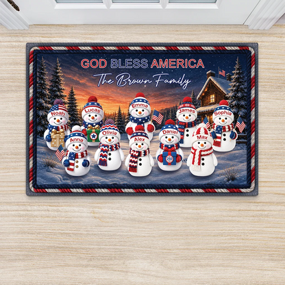 "250 Years of Freedom" Personalized Family Snowman Doormat - Custom Patriotic Winter Welcome Mat