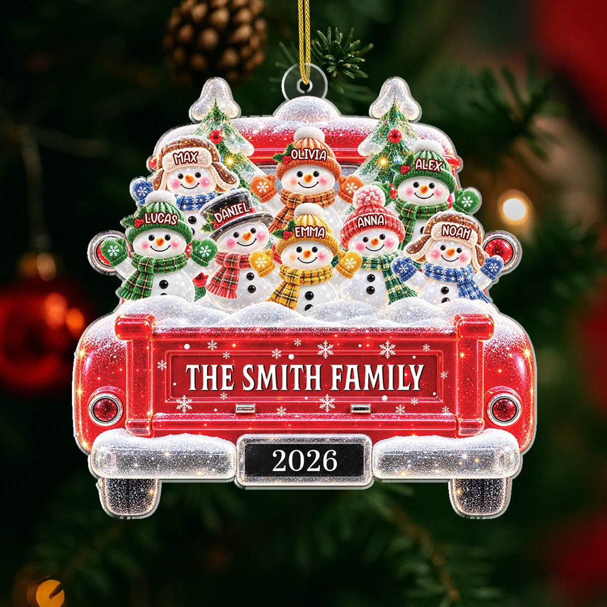Snowman Family in Red Truck - Personalized Acrylic Ornament for Family Christmas Keepsake