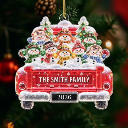 Snowman Family in Red Truck - Personalized Acrylic Ornament for Family Christmas Keepsake
