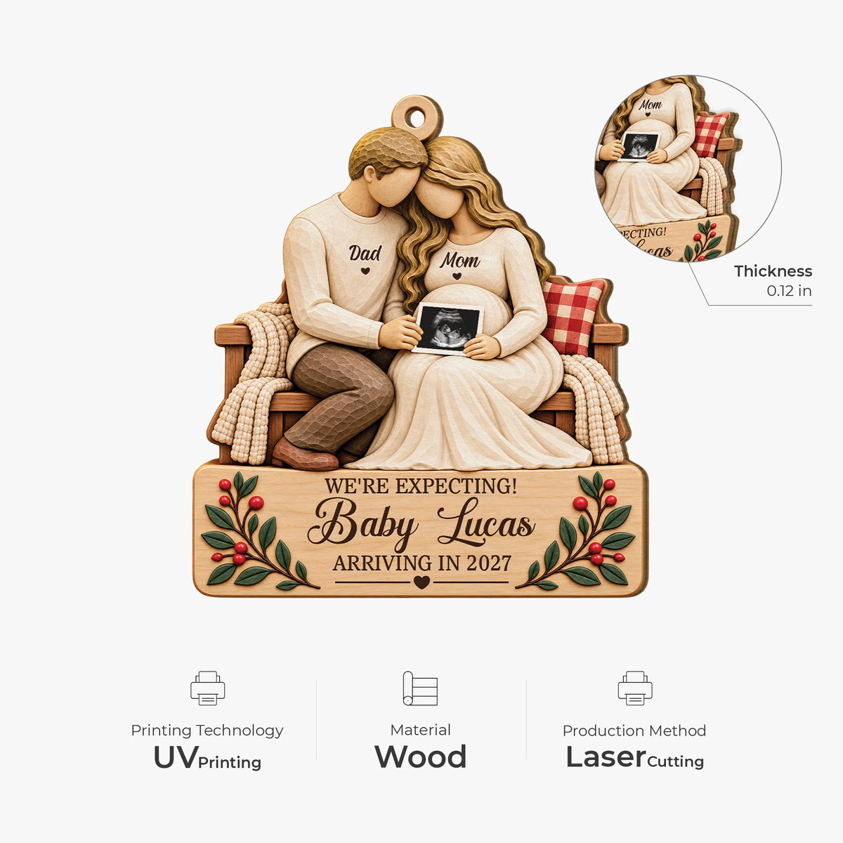 We're Expecting Personalized Wooden Ornament - Christmas Keepsake for Mom & Dad-to-Be