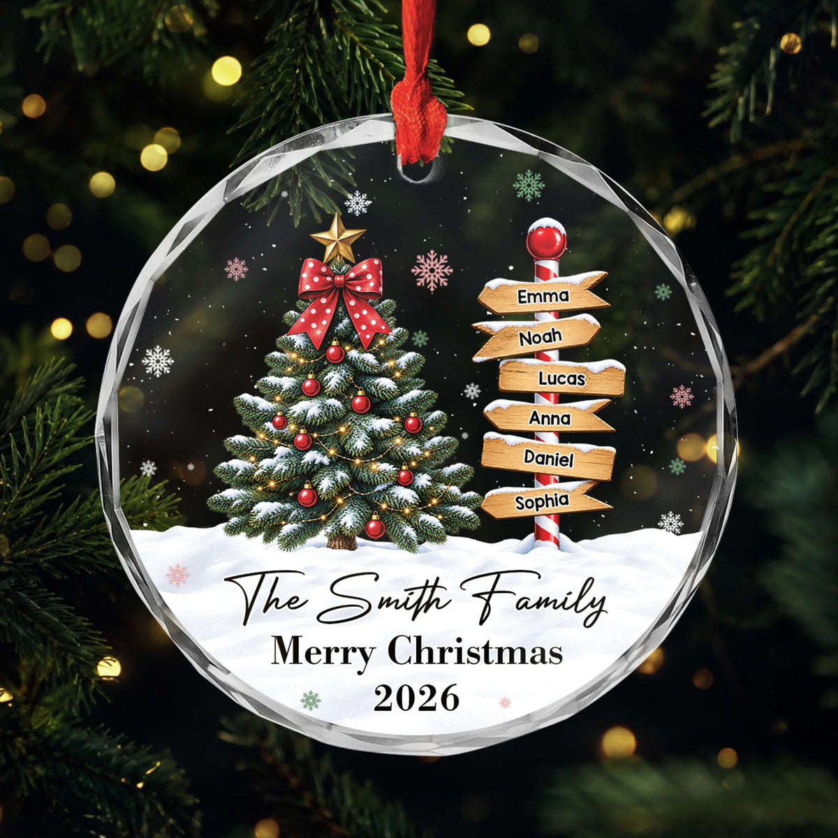 Merry Christmas Family Name Signpost - Personalized Glass Ornament Keepsake Gift