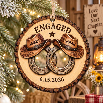 Personalized ENGAGED Western Cowboy Couple Wooden Ornament - Custom Names and Date Keepsake Gift for Newly Engaged Rustic Christmas Tree