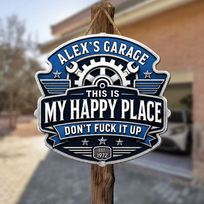 "This Is My Happy Place" Personalized Garage Wood Sign - Custom Gift for Dad