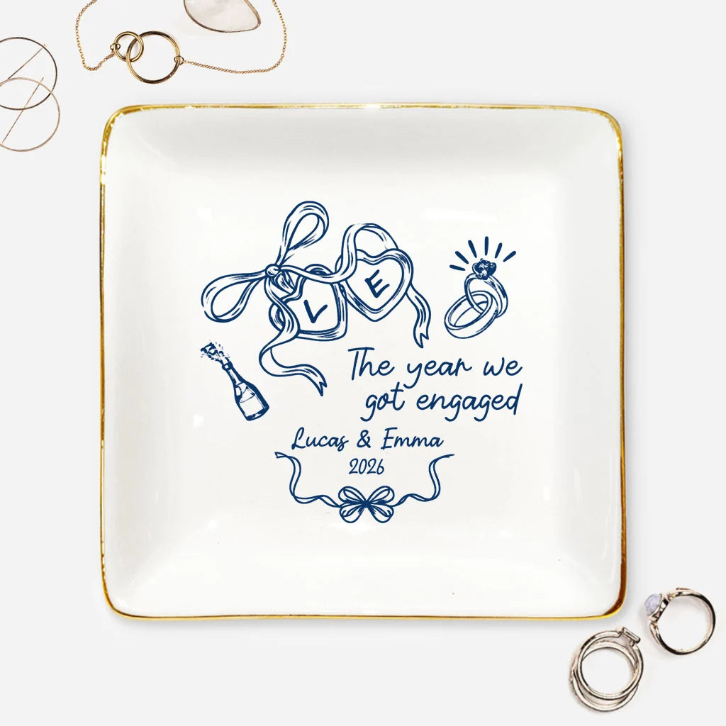 The Year We Got Engaged Personalized Jewelry Dish - Custom Ceramic Ring Trinket Tray for Couples Wedding Gift