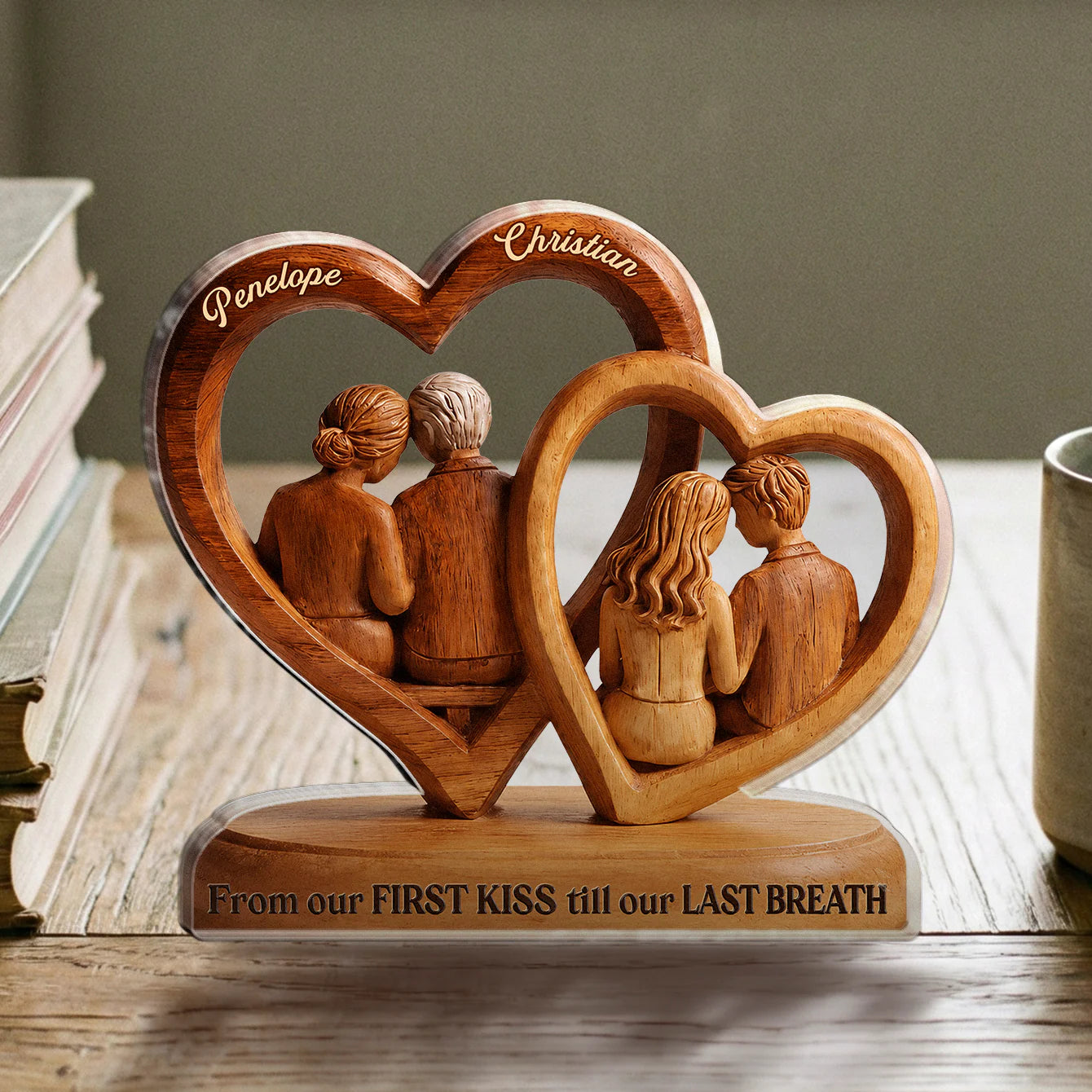 Personalized couple acrylic plaque with two wooden hearts style design and custom names for husband and wife anniversary gift image 10