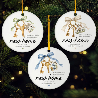"New Adventures New Memories" Custom Name Ceramic Ornament - Personalized Housewarming Keepsake Gift for Couples