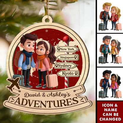 "Our Adventures" Personalized Couple Travel Wooden Ornament - Custom Christmas Holiday Gift for Couples
