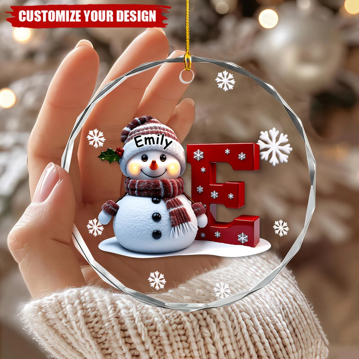 Personalized Snowman Initial Letter Christmas Glass Ornament - Custom Name Holiday Gift for Kids & Family