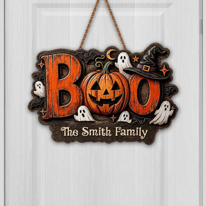BOO Our Family Spooky Pumpkin and Ghost Personalized Wood Sign - Custom Halloween Home Decor