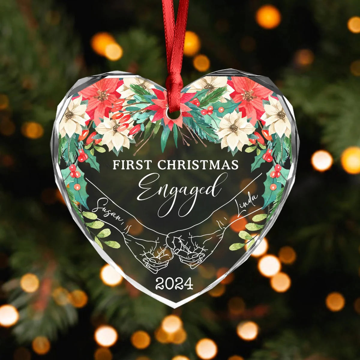 PRINTS10 Personalized Gift Holding Hands First Christmas Couple - Heart Shaped Glass Ornament HA75 891763 8 cm