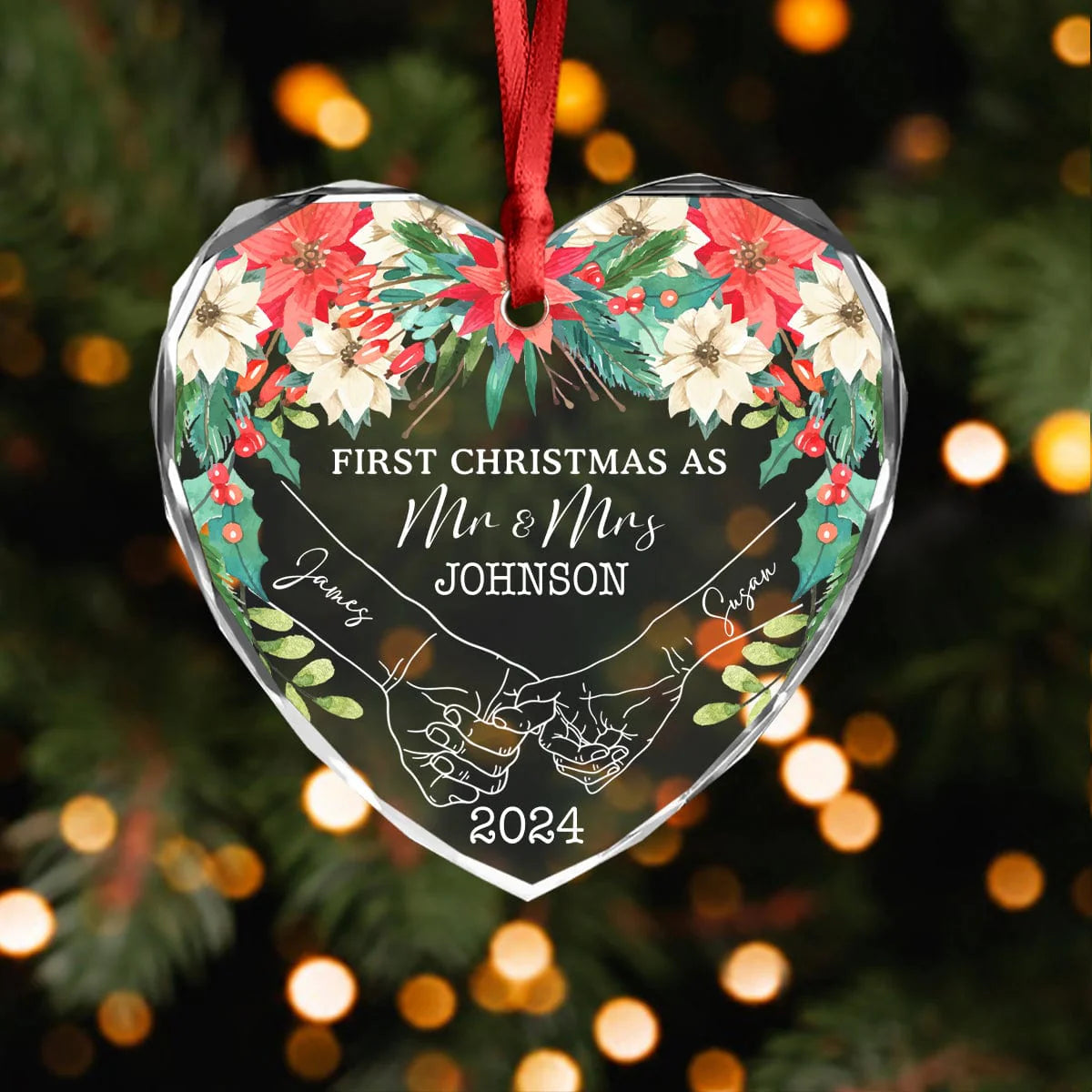 PRINTS10 Personalized Gift Holding Hands First Christmas Couple - Heart Shaped Glass Ornament HA75 891763 8 cm