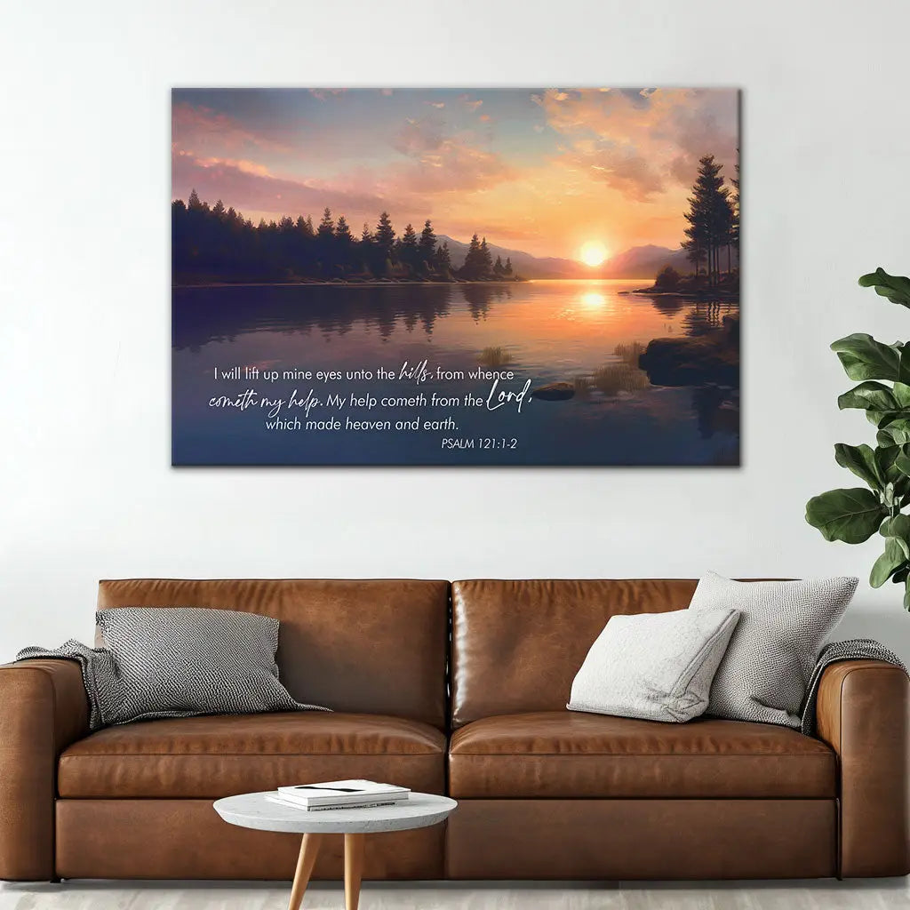Faith-based wall art featuring Psalm 121:1-2 and a serene sunset by a lake, perfect as Christian gifts or home decor.