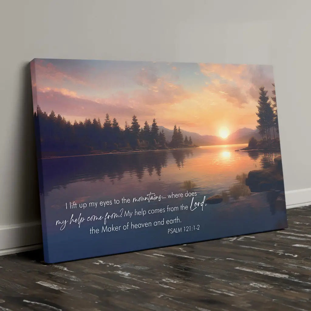 Psalm 121:1-2 NIV Bible verse wall art, serene sunset by a lake and mountains, inspiring Christian home decor.