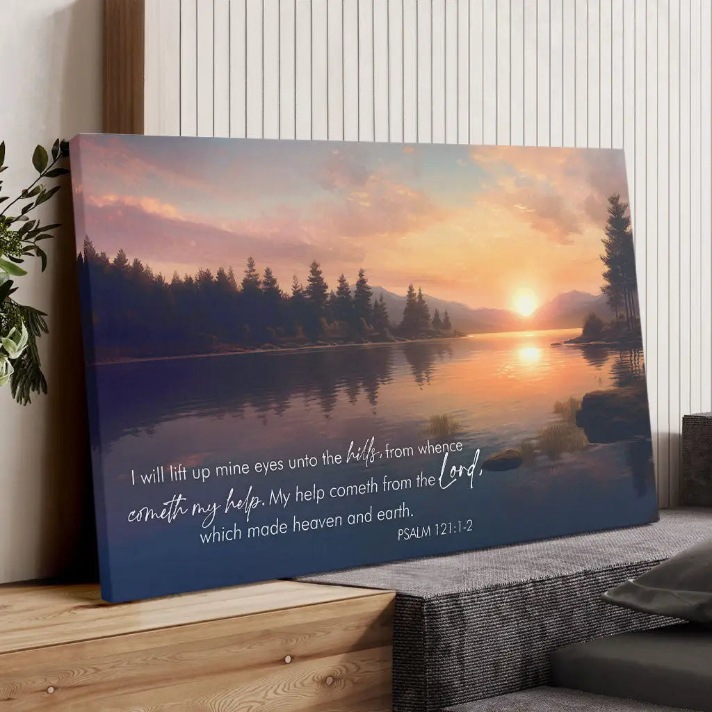 Christian wall art with Psalm 121:1-2, showcasing a tranquil sunset over a lake, a meaningful gift for any occasion.