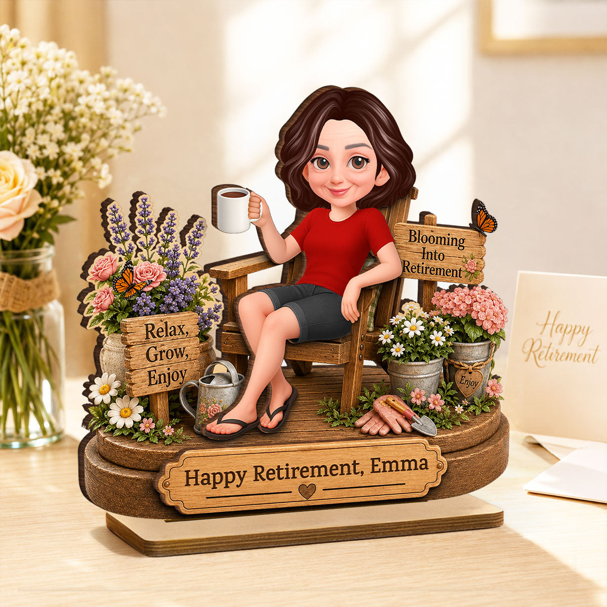 Personalized retirement gifts for women featuring a custom wooden plaque with a gardening design for grandma. image 6