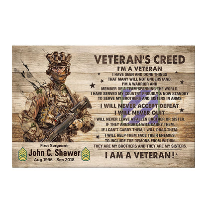 “Veteran’s Creed” Personalized Canvas / Poster - Custom Military Wall Art Gift for Veterans