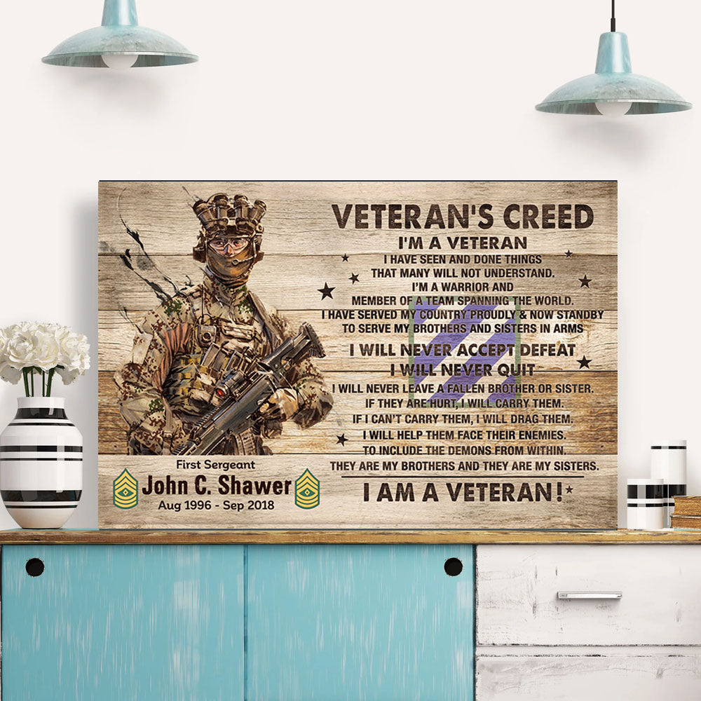 “Veteran’s Creed” Personalized Canvas / Poster - Custom Military Wall Art Gift for Veterans