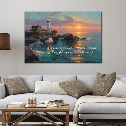 Christian wall art with Proverbs 18:10, faith-based canvas about God¡¯s protection and spiritual strength.