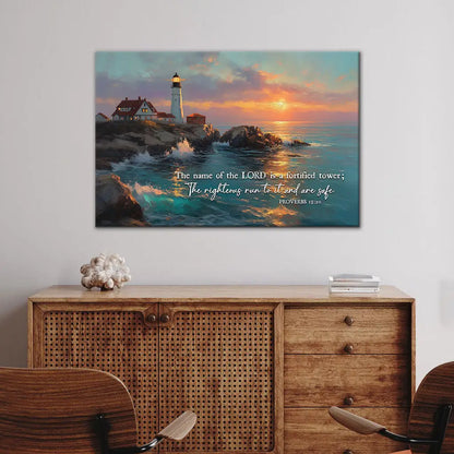 Faith-based wall art with Bible verse Proverbs 18:10, Christian gift for comfort and encouragement.