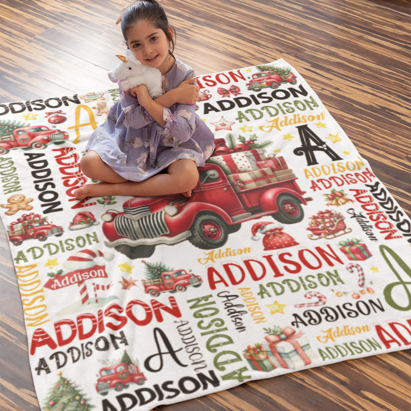 Personalized Christmas Truck Name Blankets - Custom Gift for Kids