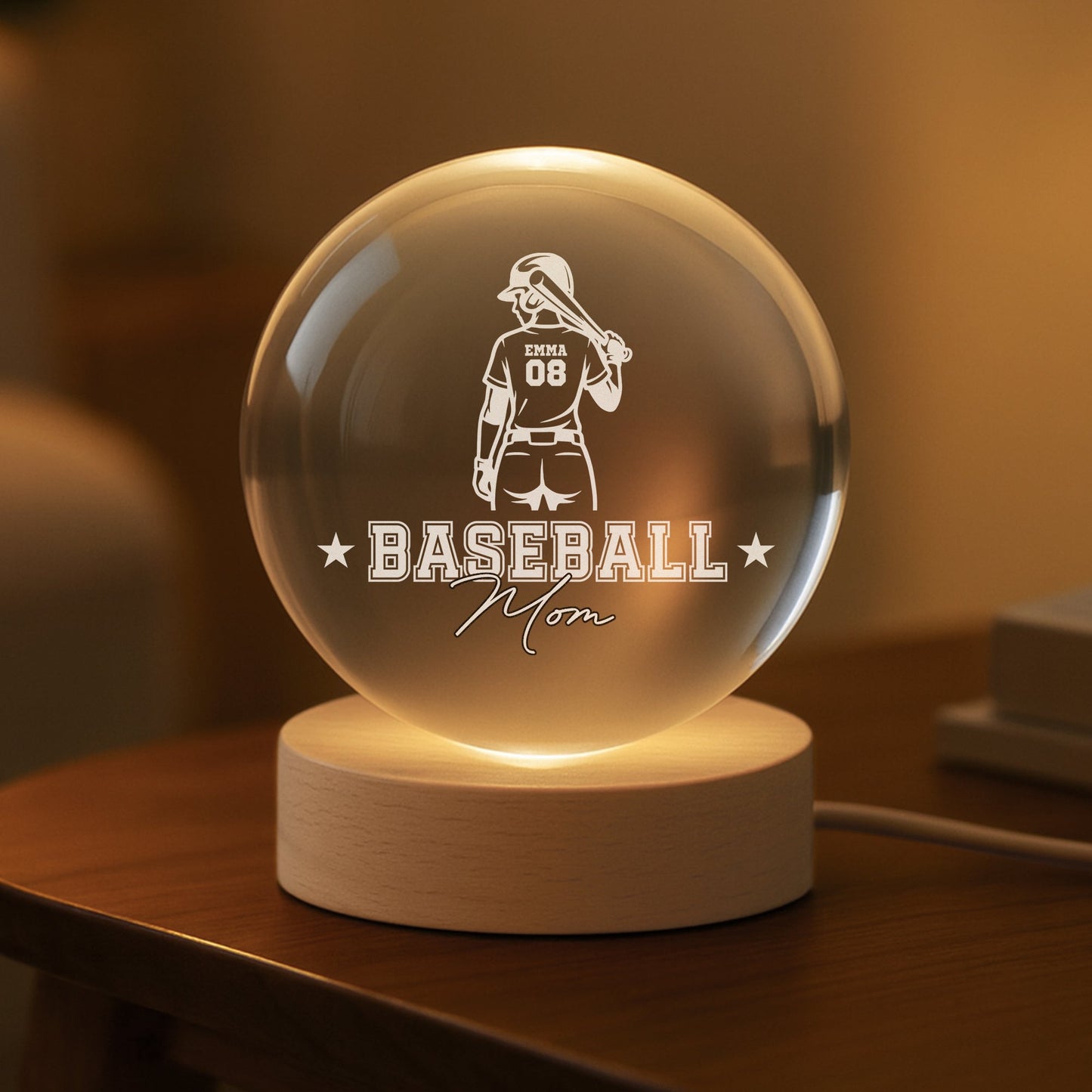 Personalized Baseball Mom Crystal Lamp personalization view for Mom
