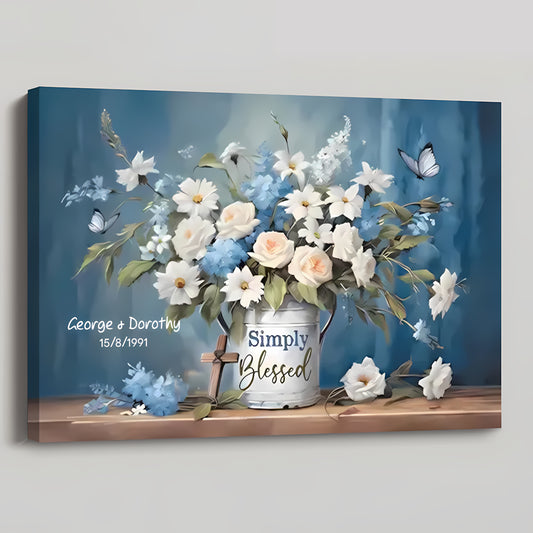 Personalized Simply Blessed Wall Art Canvas / Poster -  Custom Flowers and Butterflies Christian Wall Decor