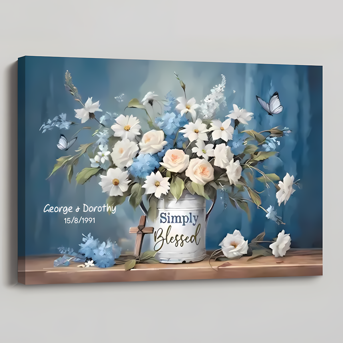 Personalized Simply Blessed Wall Art Canvas / Poster -  Custom Flowers and Butterflies Christian Wall Decor