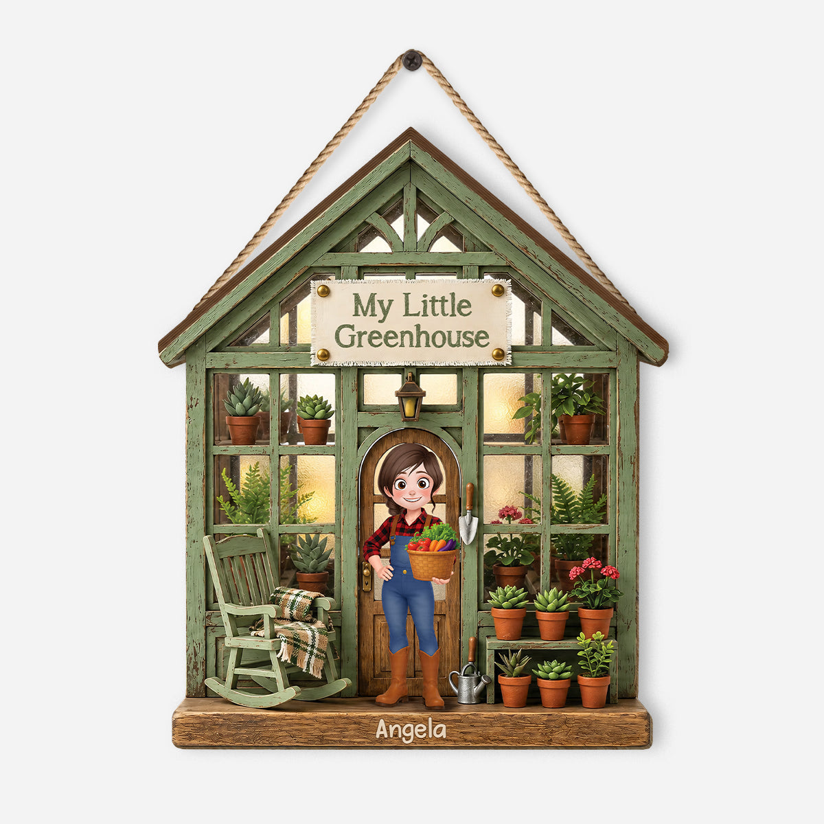Personalized greenhouse wood sign with custom cartoon character and plants for gardening lovers