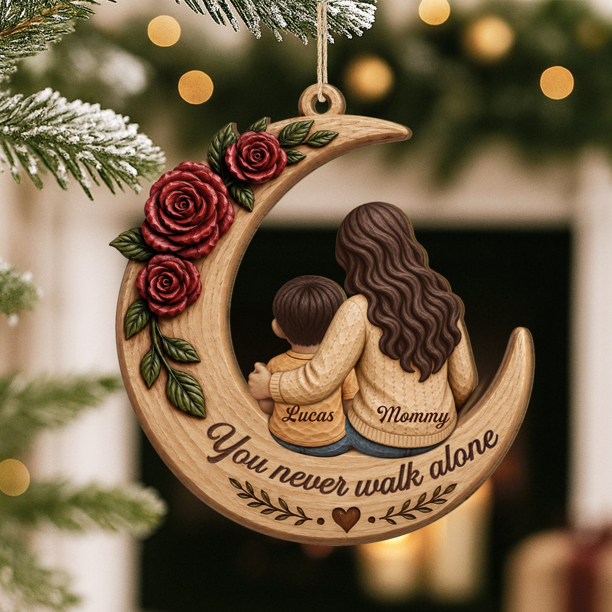 I'm Always With You Personalized Family Wooden Ornament - Custom Moon & Roses Keepsake Gift for Mom, Dad & Daughter