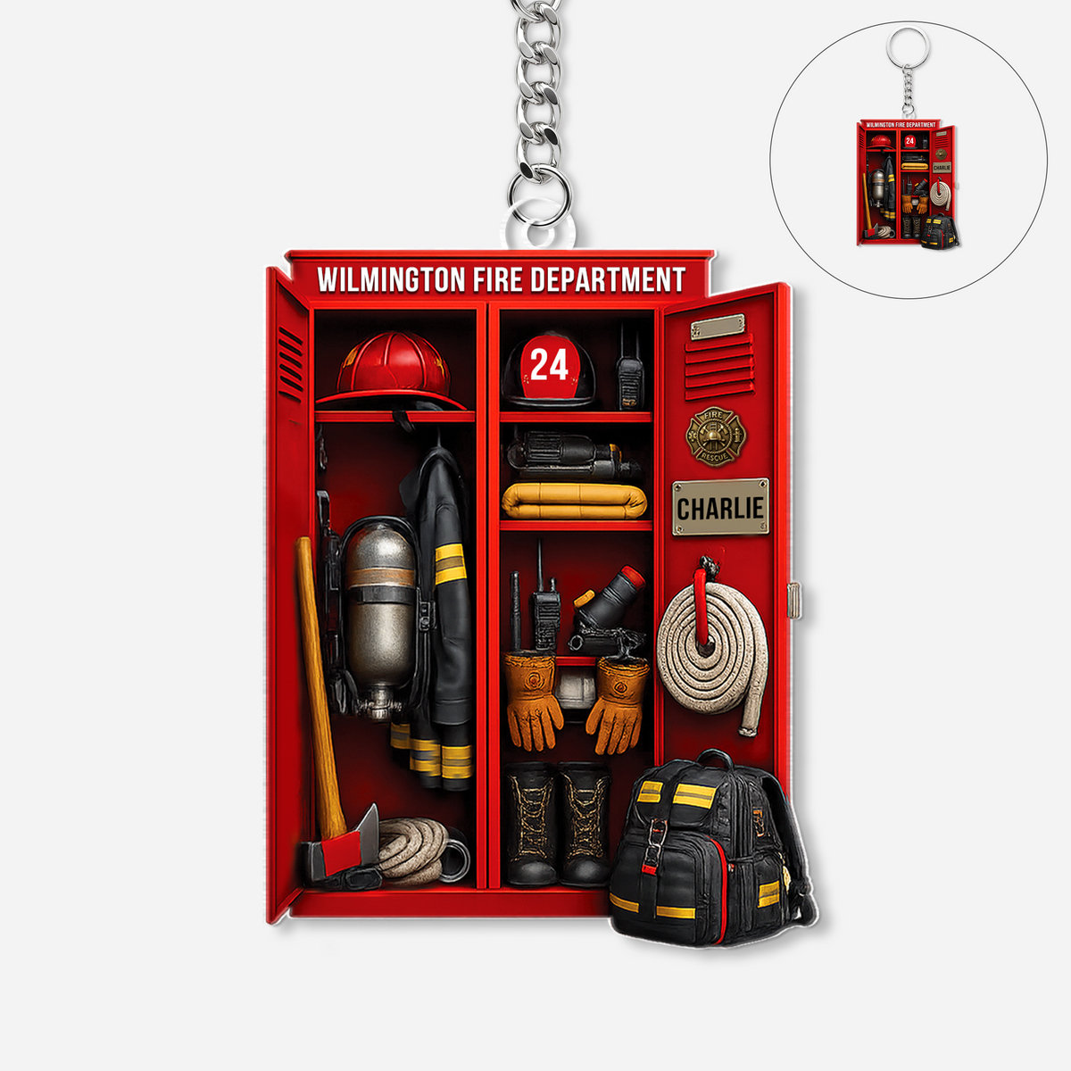 Personalized Firefighter Locker Keychain - Custom Fire Dept Name Keepsake Gift for Him