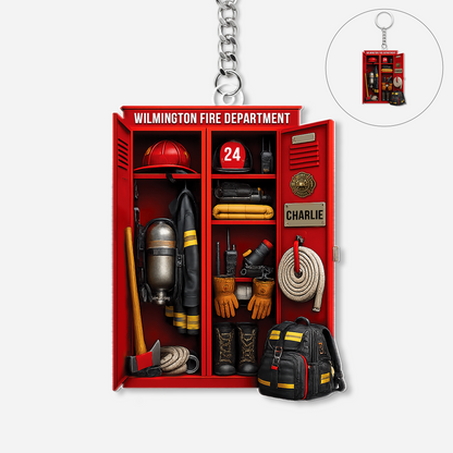 Personalized Firefighter Locker Keychain - Custom Fire Dept Name Keepsake Gift for Him
