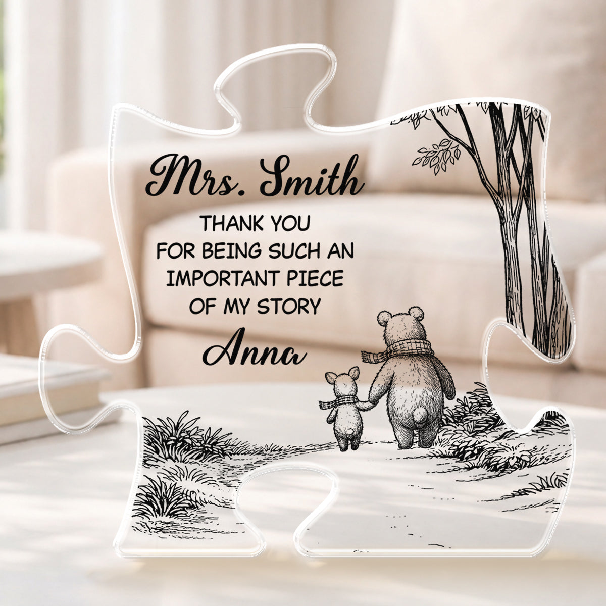 Personalized teacher appreciation plaque in puzzle shape with Winnie the Pooh style illustration for mentor gift