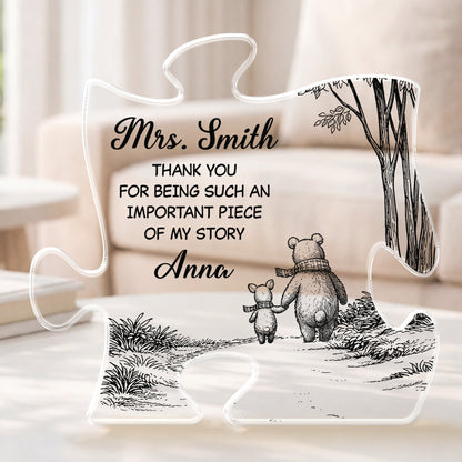 Personalized teacher appreciation plaque in puzzle shape with Winnie the Pooh style illustration for mentor gift
