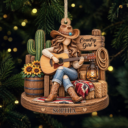 Country Girl Guitarist Personalized Wooden Ornament - Country Music Lovers Keepsake Gift