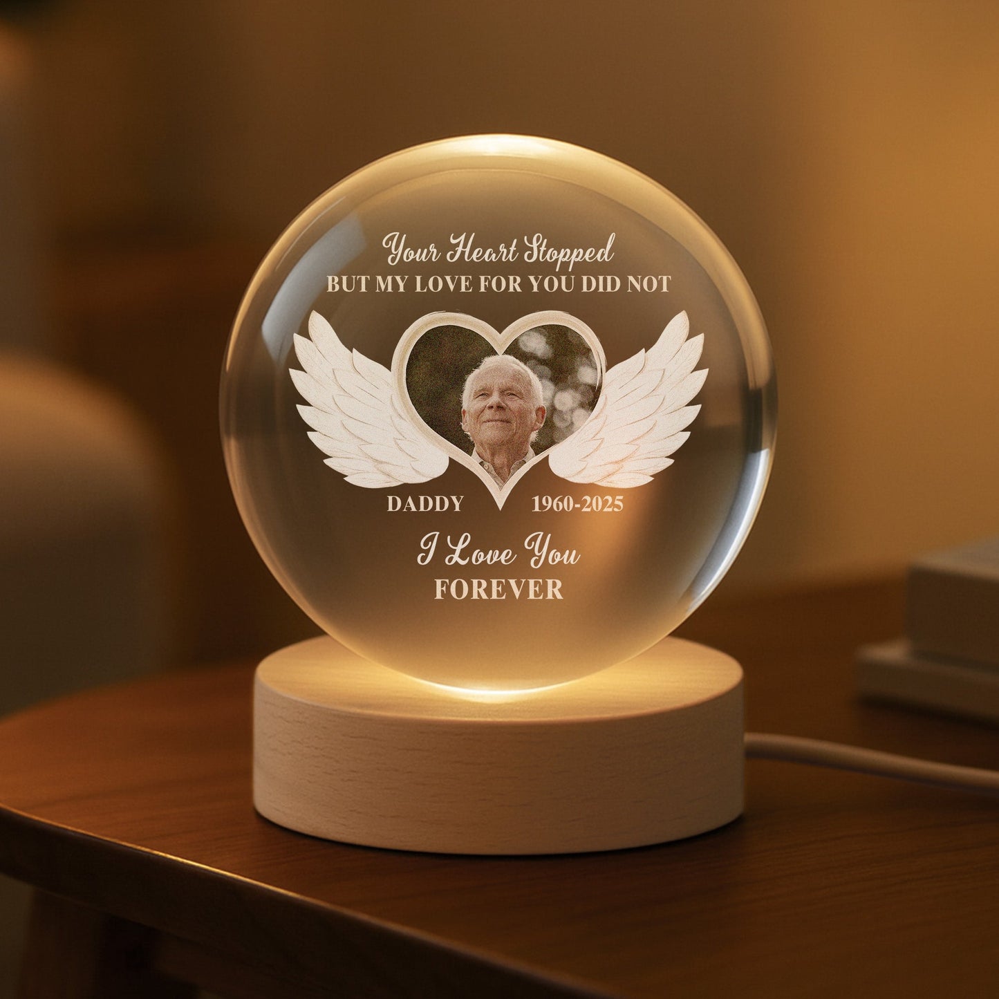 Personalised Photo Memorial Crystal Ball Lamp - Custom Gift For Loss of Mum/Dad