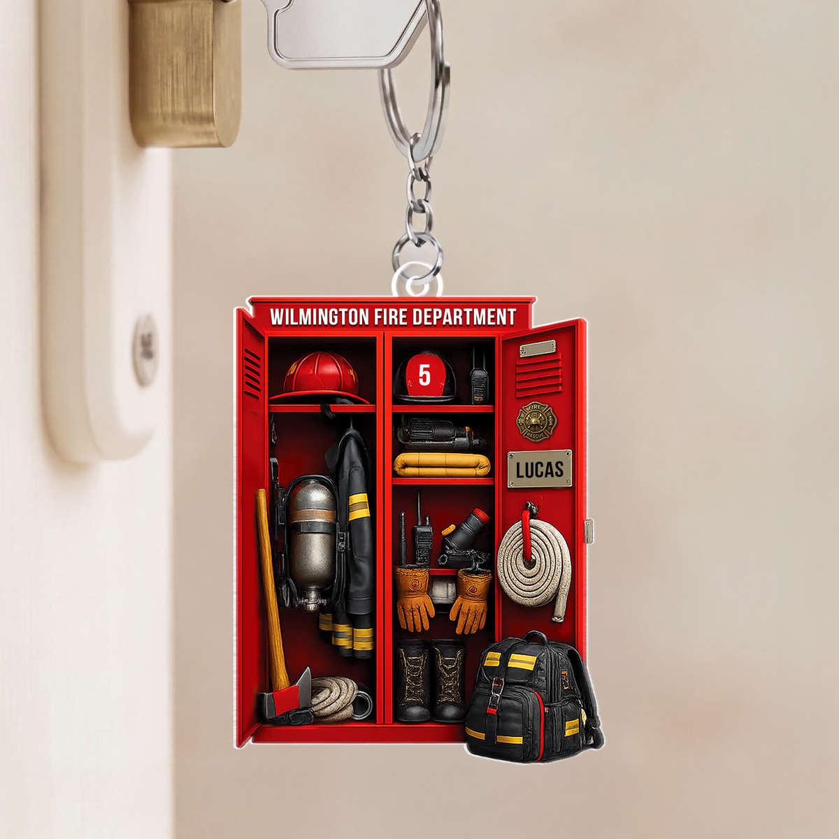 Personalized Firefighter Locker Keychain - Custom Fire Dept Name Keepsake Gift for Him